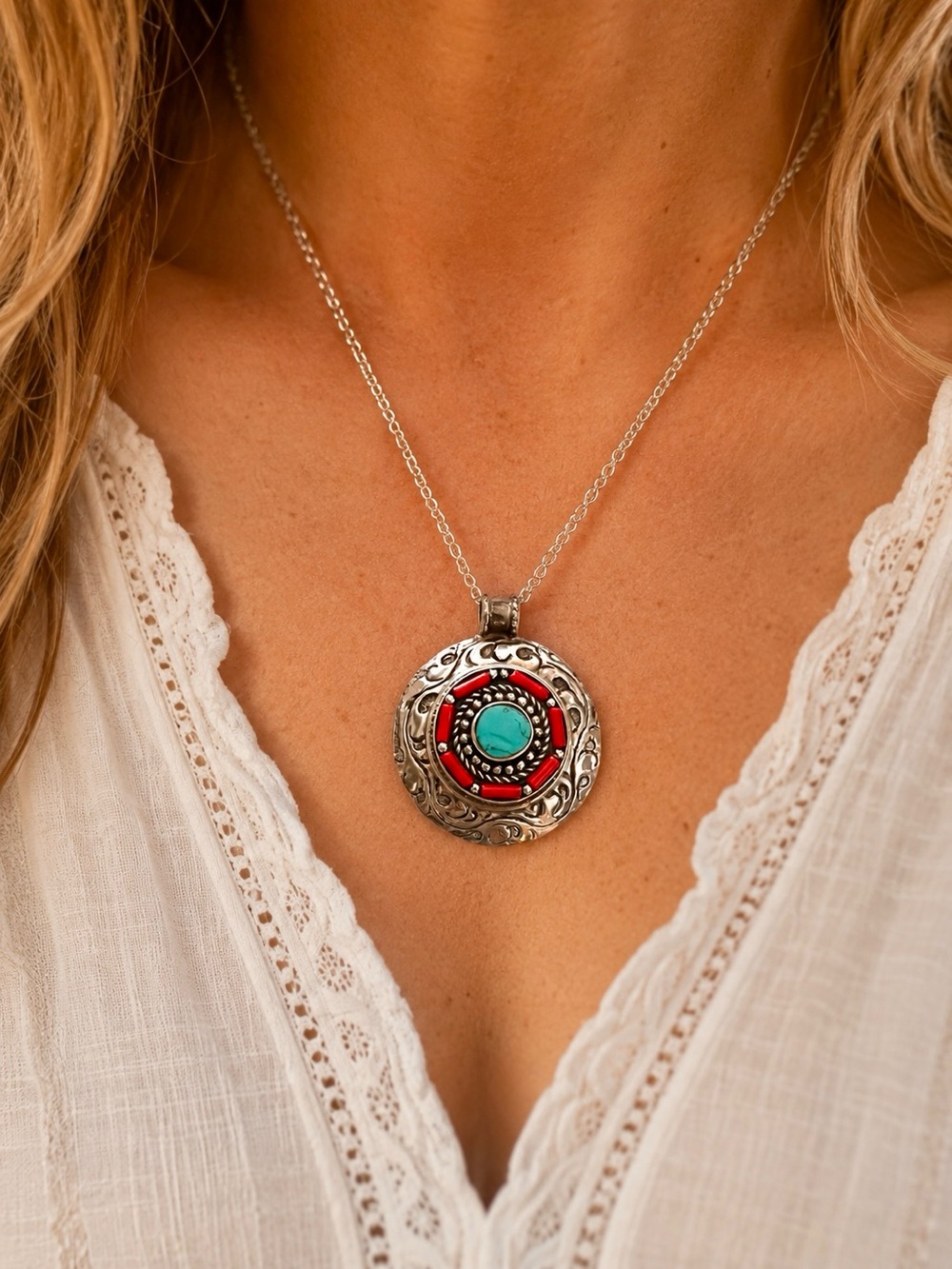 Large Southwestern Turquoise & Coral Tibetan Silver Medallion Pendant - Picture 3 of 7